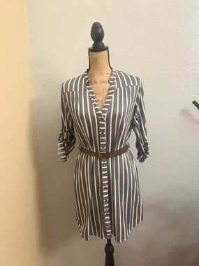 Passport Gray and White Striped Belted Shirt Dress